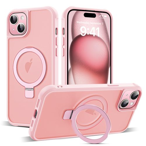 SKYLMW Compatible with iPhone 15 Case with Invisible Magnetic O-Ring Stand Military-Grade Translucent Case for iPhone 15 6.1" [Compatible with Mag-Safe][Great Grip Feeling], Pink