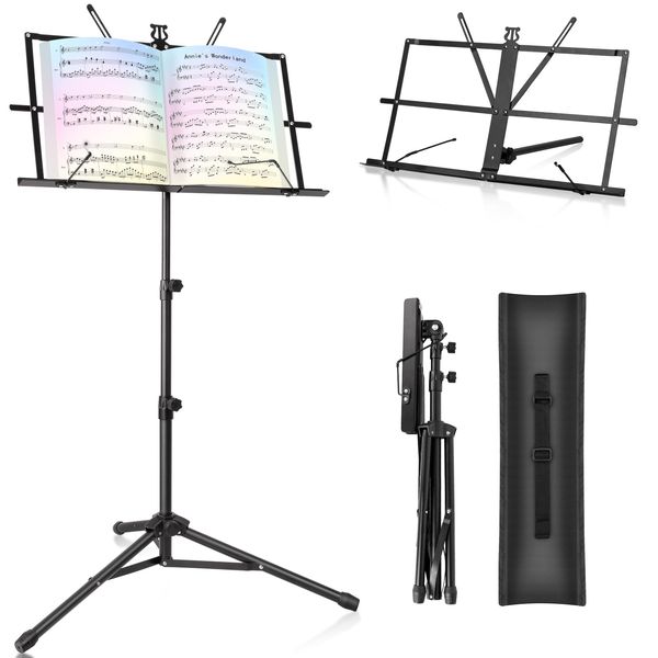 New bee Notenständer Klappbar Stabil 2 in 1 Doppelnutzung Notenständer Gitarre Höhenverstellbar Notenpult mit Tragetasche Music Stand für Kinder und Erwachsene