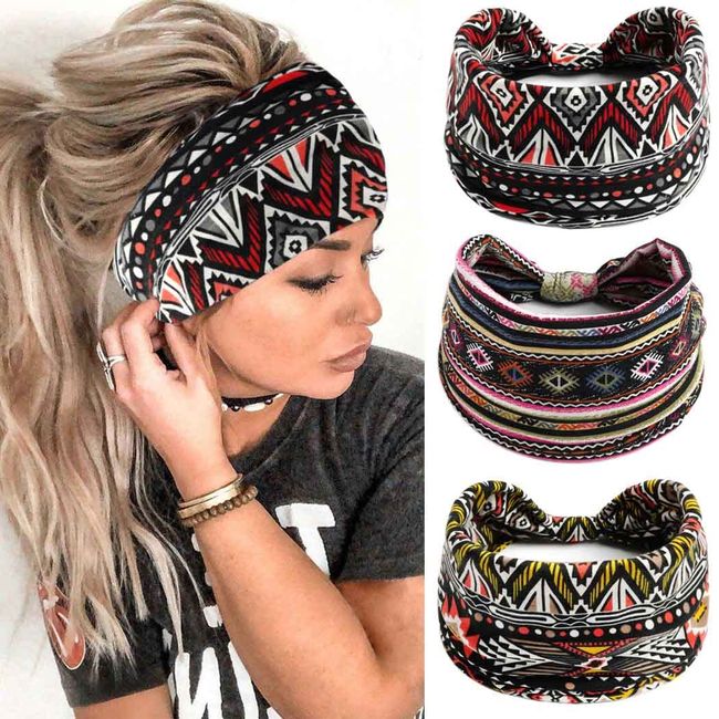 Fashband Boho-Stirnband, breit, Blume, elastisch, geknotet, Yoga-Haarschmuck für Damen, 3 Stück