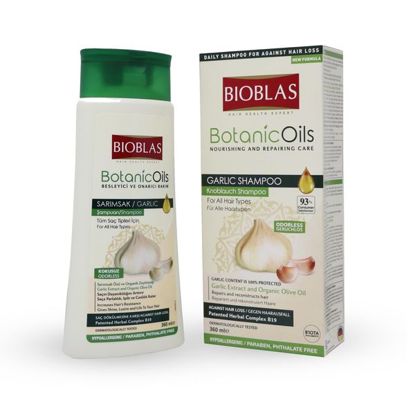 Bioblas botanic oils, garlic shampoo, odourless, dermatologically tested, anti hair loss shampoo, with organic oil, 360 ml