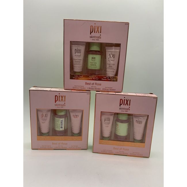 Lot Of 3 PIXI SKIN TREATS BEST OF ROSE 3 PIECE SET Cleanser Tonic Flash Bomb NEW