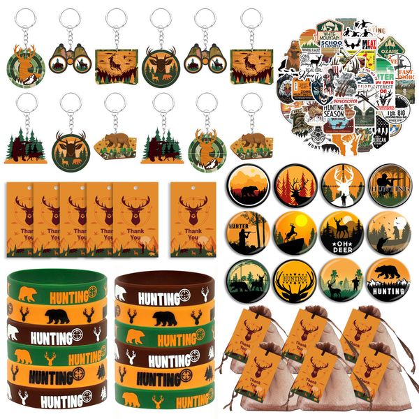 Tazimi 110 PCS Hunting Party Favors Hunting Birthday Party Supplies Camo Party Favors with Hunting Keychains Stickers Rubber Bracelets Button Pins and Bags for Hunting Theme Party