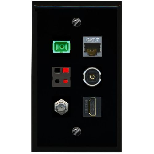 RiteAV CAT7 Coax HDMI SC APC Simplex Fiber Speaker TOSLINK Flat/Solid Wall Plate [Black]