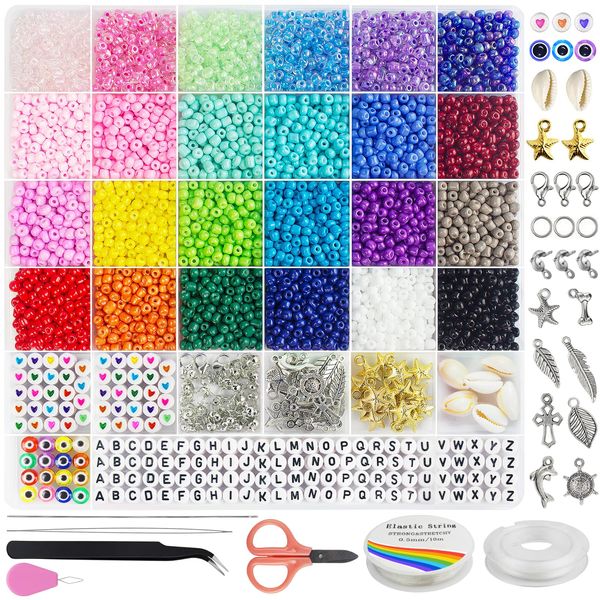 Dazhqp 4mm Glass Seed Beads for Bracelet Making Kit, 24 Colors Small Beads for Friendship Bracelet Necklace Jewellery Making Sets, DIY Craft Gifts for Girls