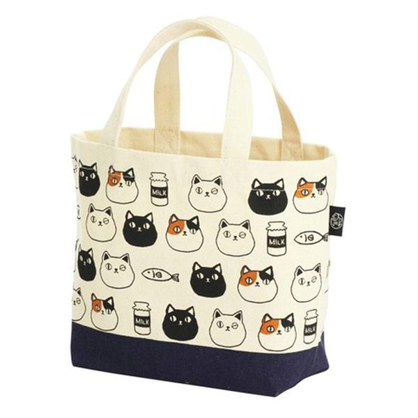 Ceramic Indigo ki-091 Tote Bag, Small Cat 3 Brothers, Lunch Bag, Eco Bag, Handbag, Canvas, Cloth Bag, Cat, Face Small