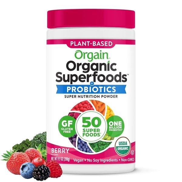 Orgain Organic Greens + 50 Superfoods Probiotics Nutrition Powder, Berry, 280g