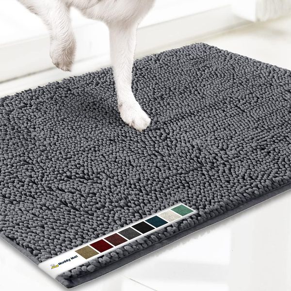 Muddy Mat Microfiber Chenille Door Mat, Non Slip Washable Rug for Kitchen, Bathroom, Bedroom - Grey Medium 30"x19"