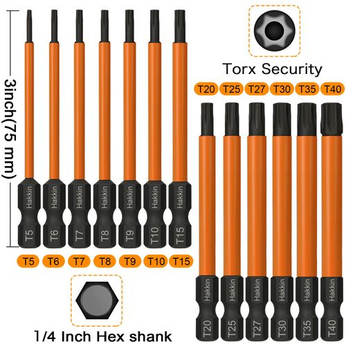 Hakkin Torx Bit Set 13Pcs Tamper Proof Security Torx Bits 75mm Premium S2 Steel 1/4” Hex Shank Magnetic Torx Screwdriver Bits for Power Impact Driver T5 T6 T7 T8 T9 T10 T15 T20 T25 T27 T30 T35 T40