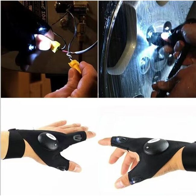 Fingerless LED Flashlight Gloves Auto Repair Fishing Hiking