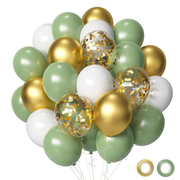 Sage Green Gold White Party Balloons, 50Pcs Sage Green and Gold Confetti Party Balloons For Birthday Baby Shower Engagement Wedding Anniversary Party Decorations