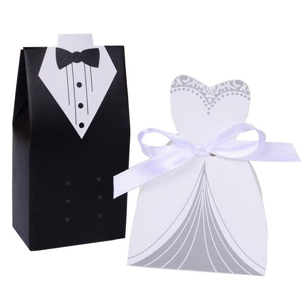 Rbenxia Wholesale Wedding Favors Wedding Party Favor Boxes Creative Tuxedo Dress Groom Bridal Candy Gift Box with Ribbon 100pcs