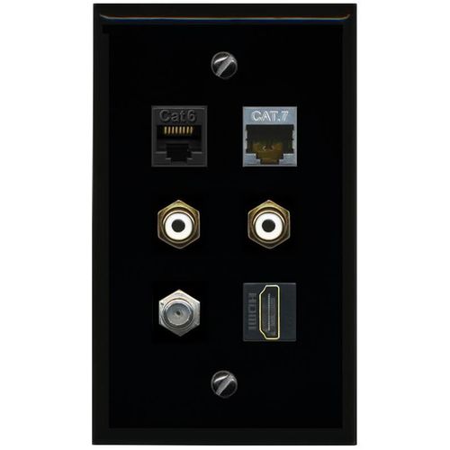 RiteAV CAT6 CAT7 Coax HDMI 2 RCA White Flat/Solid Wall Plate [Black]
