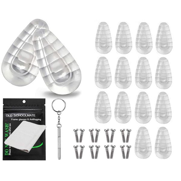 Soft Silicone Eyeglass Nose Pads, Upgraded Air Chamber Eyeglasses Nose Pad, 15mm Screw-in Glasses Nose Pad, Micro Screwdriver and Screws and Anti Fog Glasses Cleaning Cloth (8 Pairs), Clear