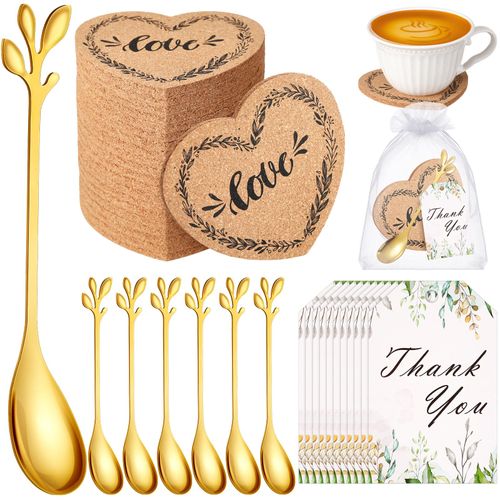 Yiyiring100 Pack Bridal Shower Tea Party Favor for Guest Wedding Favors 25 Heart Cork Coasters 25 Leaf Tea Spoon 25 Thank You Card with Organza Bag Bridal Shower Gift Wedding Gifts(Gold)