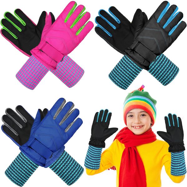 Newcotte 3 Pairs Kids Long Cuff Waterproof Winter Gloves Kids Snow Ski Gloves Stay on Windproof Warm Gloves Mittens for Boys Girls Outdoor Sports (Classic Style, Aged 6-10)