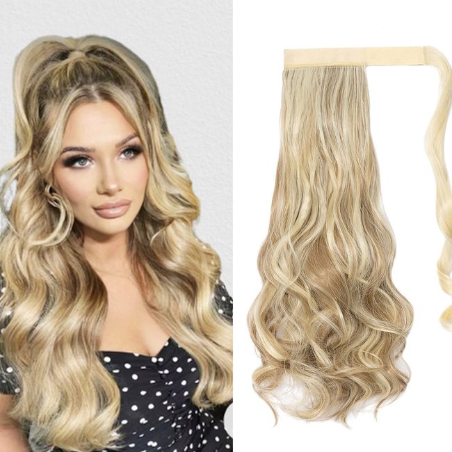 Cybelleza Pferdeschwanz Extensions Haarverlängerung Clip in Zopf Haarteil wie Echthaar Lockig Ponytail Synthetik Haar Haarverdichtung Lang Gewickelt Gewellt (Gebleichtes Blond & Sandy Blonde)