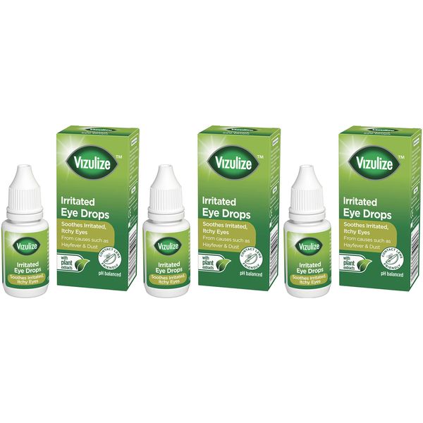 Vizulize Irritated Eye Drops, for Sore & Itchy Eyes, Soothing Relief with Natural Plant Extracts, 3 x 10 ml Bottles