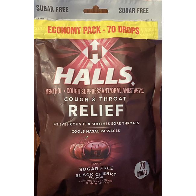 Halls ECONOMY PACK Black Cherry Cough & Throat Relief  SUGAR FREE 70 Cough Drops