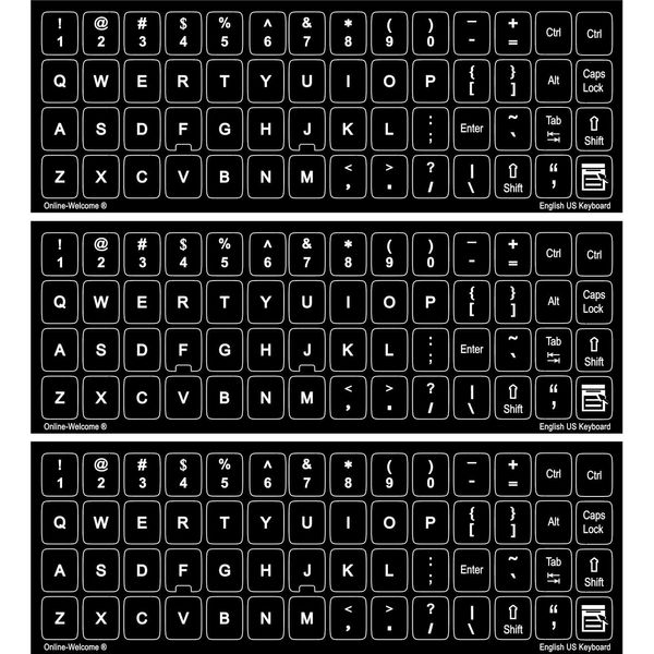 English US Self-Adheisive 3 Pack Keyboard Stickers Black Background