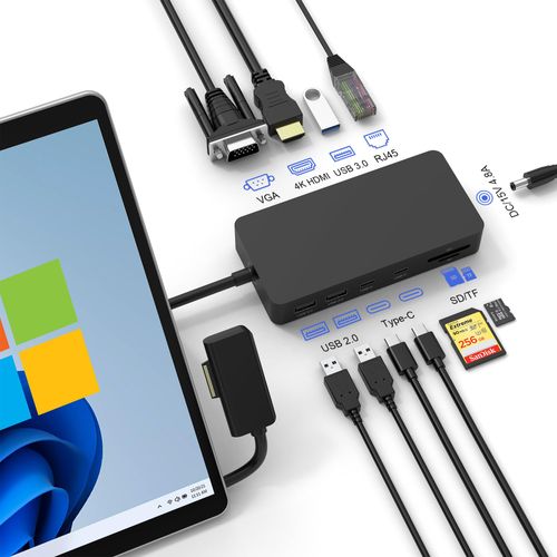Surface Dock Triple Displays, 11-in-1 Surface Docking Station with HDMI+VGA+Ethernet for Microsoft Surface Pro 10/9/8/X/7/6/5/4/3, Surface Laptop 5/4/3/2/1, Surface Laptop Go 3/2/1, Surface Book 3/2/1