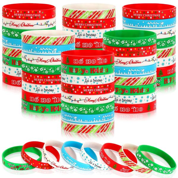 JUNEBRUSHS 64pcs Christmas Wristband Silicone Bracelets Bulk Elk Xmas Tree Snowflake Pattern Rubber Bracelet for Christmas Birthday Decoration Kids Party Favor Gift Supplies（8 Designs）