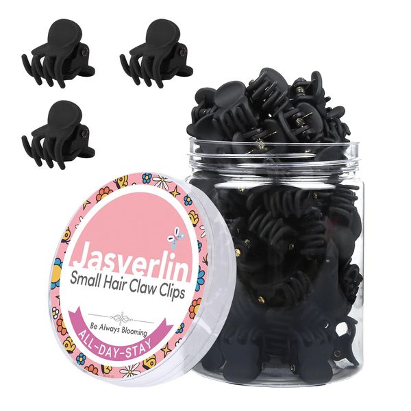 JASVERLIN Matte Black Small Hair Clips Tiny Claw Clips for Fine Thin Hair, Women Little Girl Plastic Mini Hair Accessories Clam Clip for Styling, Non-Slip Strong Grip Jaw 50pcs (Matte Black)