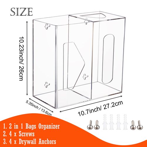 Heyrelda Trash Bag Dispenser and Grocery Bag Holder - Wall Mounted 2 in 1 Plastic Bag Holder for Grocery Bags and Garbage Bags Kitchen Cabinet Grocery Bag Dispenser Organizer Under Sink, Clear