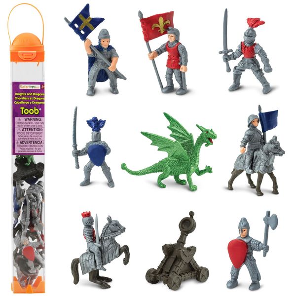 Safari Ltd. Knights & Dragons Toob - Set of 10 Mini Figurines: Red & Blue Kingdom Knights, Catapult, and Green Dragon - History Learning Toy Figures for Boys, Girls & Kids Ages 3+