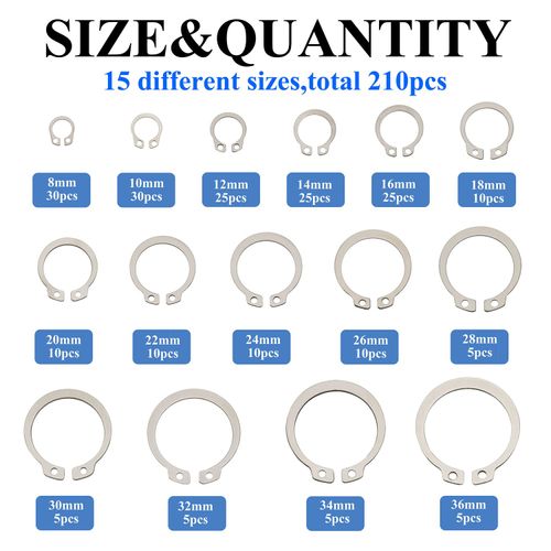 Didamx 210Pcs 304 Stainless Steel 8mm - 36mm External C-Clips Shaft Circlip Retaining Snap Ring Assortment Set