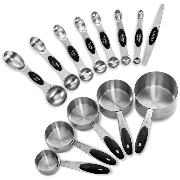 EDELIN Measuring Cups and Magnetic Measuring Spoons Set, Stainless Steel 5 Cups and 7 Spoons (Black)