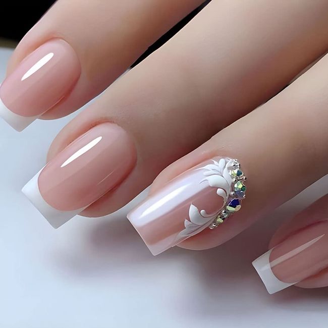 24 PCS White French False Nails Rhinestone False Nails Flowers Design Fake Nails Glossy Fake Nails Square Medium Fake Nails for Women and Girls Nail Art