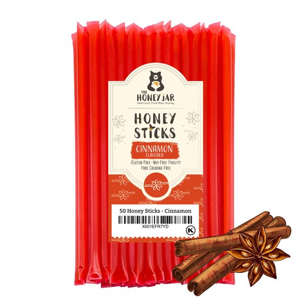 The Honey Jar Cinnamon Flavored Raw Honey Sticks - Pure Honey Straws For Tea, Coffee, or a Healthy Treat - One Teaspoon of Flavored Honey Per Stick - Made In The USA with Real Honey - (50 Count)