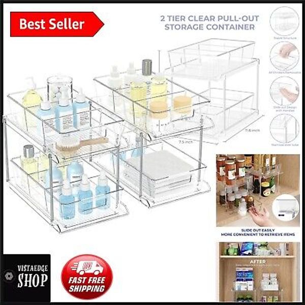 Adjustable Pull-Out Under Sink Organizers - 2 Pack with Clear Plastic Drawers