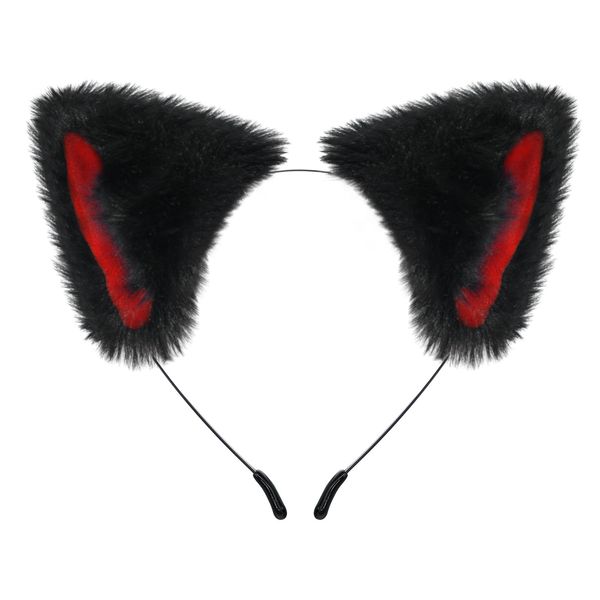 Pedenty Cat Fox Ears Headband for Women Girls Halloween Cosplay Cat Costume Faux Fur Hair Accessories for Adult Kids (Black & Red)