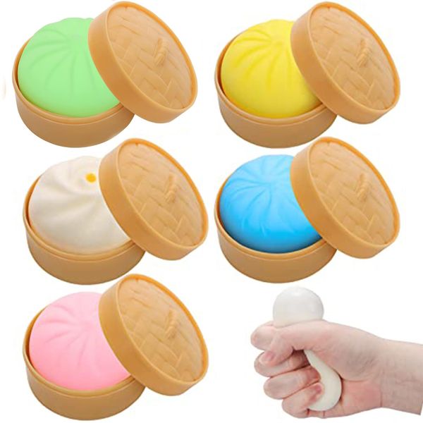 Dumpling Squishy Stress Balls,UHOMENY 4Pcs Colorful Fidget Sensory Stress Ball and 1Pcs Custard Bun Squeeze Dough Ball，Stress Relief Bun with Food Steamer(Yellow, Green, Blue, Pink, Cream)