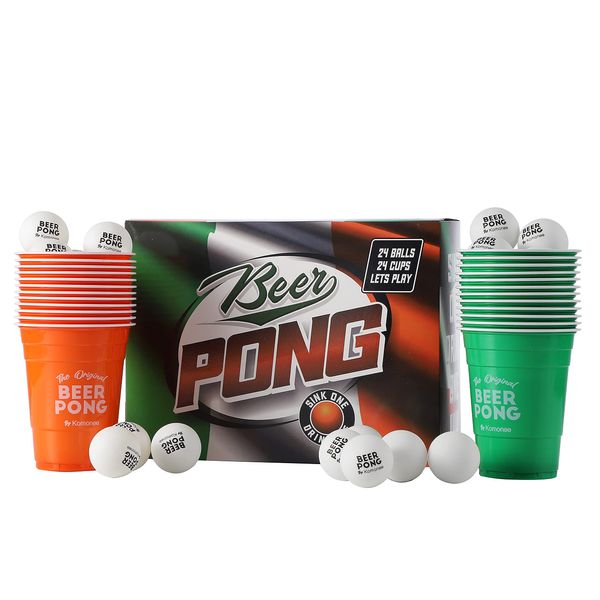 Beer Pong Set 48 PCS Ireland Colours American Adult Indoor Novelty Party Drinking Game 24 Re-usable Cups and 24 High Bounce Balls Great For Irish Paddys Day and Saint Patrick's Day