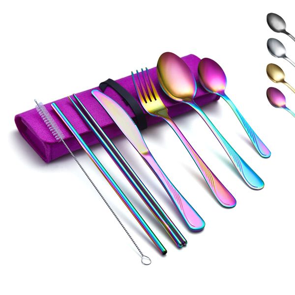 Evanda Portable Utensils, Travel Camping Cutlery Set, Stainless Steel Flatware Set Travel Silverware Dinnerware Set with a Portable Case (Rainbow)