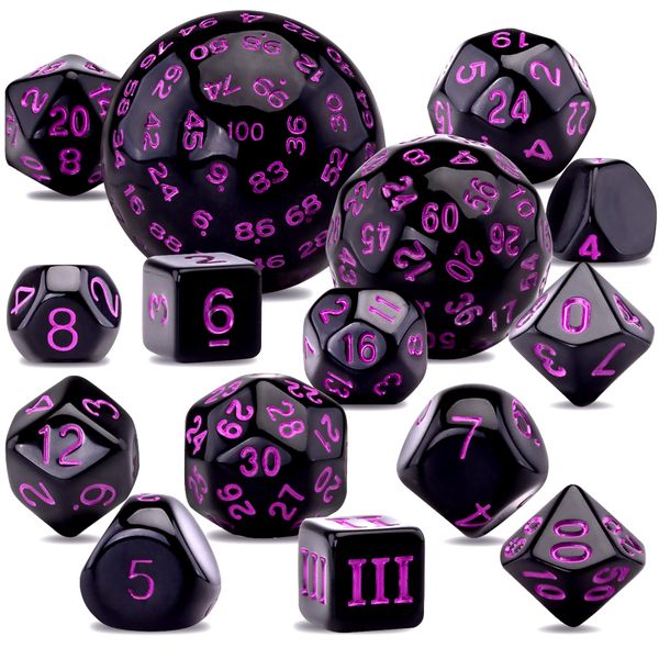 SIQUK 15 Pieces Complete Polyhedral Dice Set D3-D100 Game Dice Set with a Leather Drawstring Storage Bag for Role Playing Table Games, Black and Purple