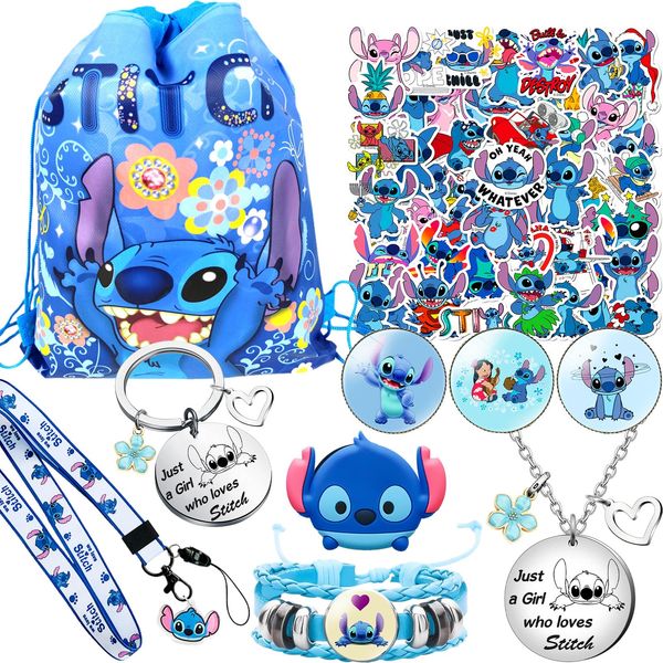 AFORENTIER Stitch Stuff 59PCS Stitch Merchandise Gifts Set for Girls Cute Anime Accessories Include Drawstring Bag Backpack Stickers Lanyard Necklace Bracelet Keychain Phone Holder Button Pins