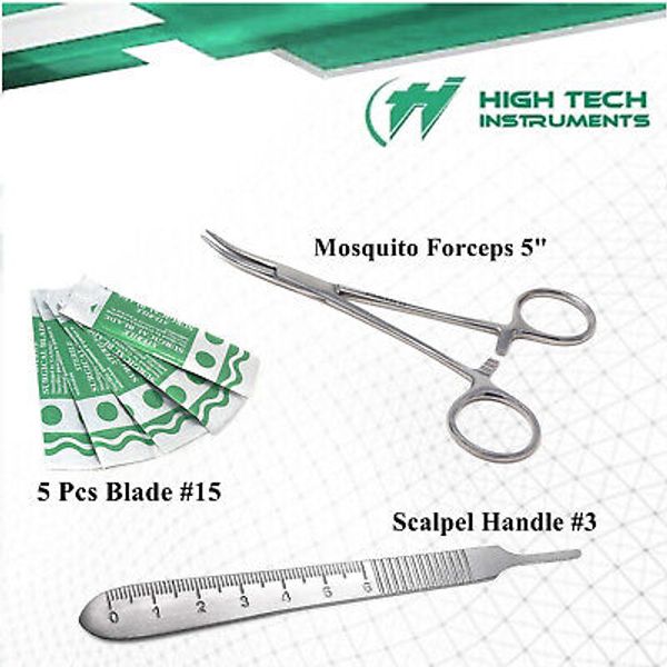 5 Carbon Steel Surgical Scalpel Blades #15 + Handle No 3 + Hemostat Forceps 5"