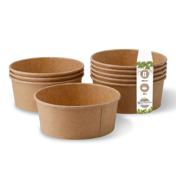 GREENBOX Kraftkarton-Schale 650 ml I 50 St. kompostierbare Suppenschalen aus Kraftkarton - Salatschale mit PLA Innenbeschichtung I To-Go-Geschirr ohne Plastik I Karton-Schalen braun rund