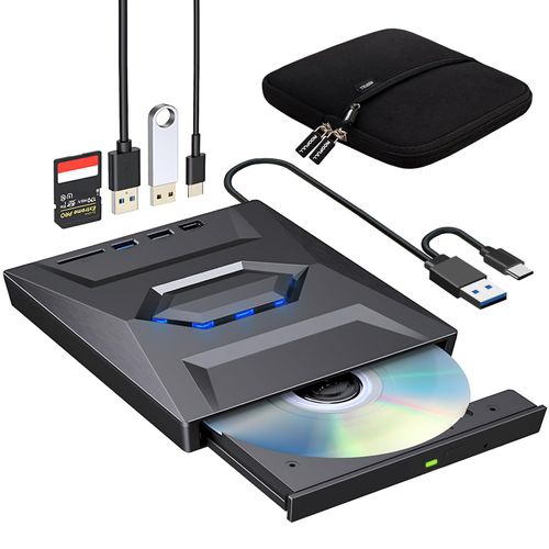 ROOFULL External CD DVD Drive with USB 3.0 Type-C Ports + SD Card Slot + Carrying Case for Laptop PC, CD DVD +/-RW Reader Writer Burner Player ROM Optical Disk Drive for Windows, Mac, Linux Computers