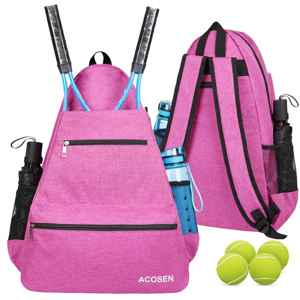 ACOSEN Tennis Bag Tennis Backpack - Large Tennis Bags for Women and Men to Hold Tennis Racket,Pickleball Paddles, Badminton Racquet, Squash Racquet,Balls and Other Accessories (Rose Red)