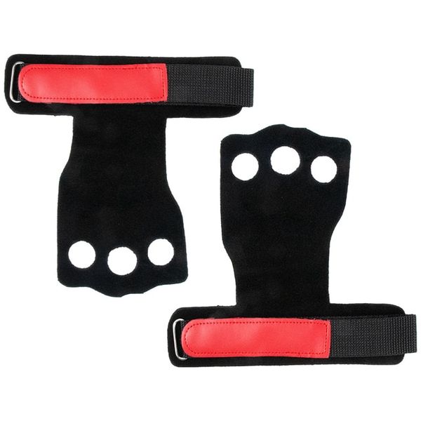 3 Holes Gymnastics Hand Grips Cowhide Leather Training Palm Finger Protection with Wrist Straps Weight Lifting Workout Gym Gloves, Red 1, Medium