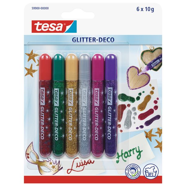 tesa UK Glitter-Deco Glue Pens Assorted Intense Vibrant Colours - Pack of 6