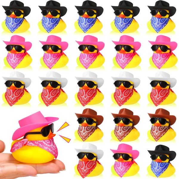 24 Set Cowboy Rubber Duck Mini Yellow Duckies Bath Party Toy Tiny Ducks Bathtub Toy with Cowboy Hat Paisley Bandanas Sunglasses for Summer Baby Shower Birthday Swimming Party Favor (Cute Style)