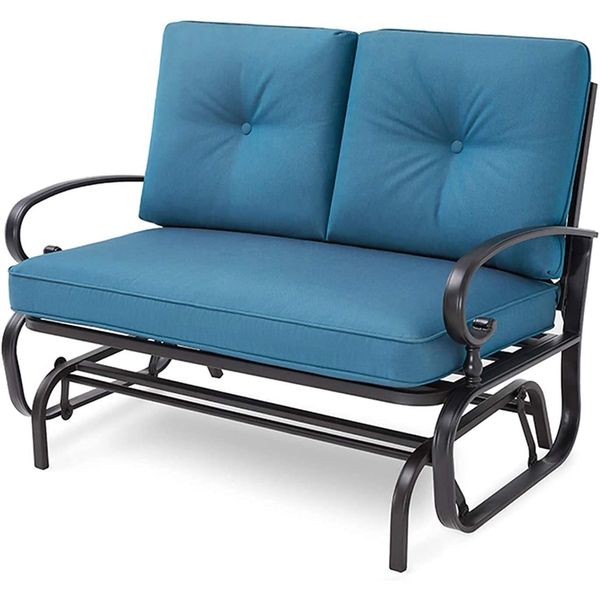 Omelaza Patio Bench, Porch Glider Outdoor Swing Glider Rocking Loveseat, Steel Frame Chair with Thick Cushion (Peacock Blue)