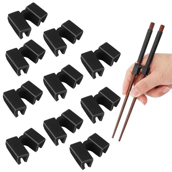 Yeesabella 10 Pieces Reusable Chopsticks Helpers Easy Chopstick Trainers Training Chopstick Hinges Connector for Adults, Beginner, Learner (Black)