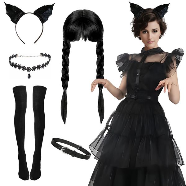 Alaiyaky Wednesday Costume Set, Evening Dress for Girls Black Dress Prom Dresses Outfits with Wig Headband Necklace Belt Socks, Black Bodycon Dress Ball Gowns for Women Party (Adult A, M)