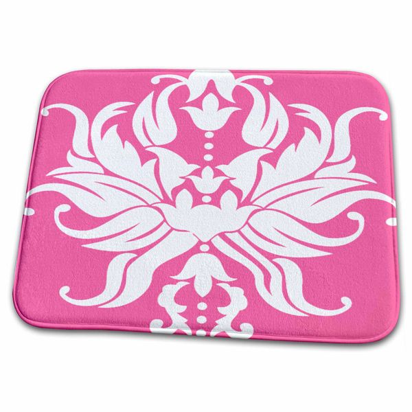 3dRose Bathroom Bath Rug Mat - Single Damask On Bright Pink Single Damask